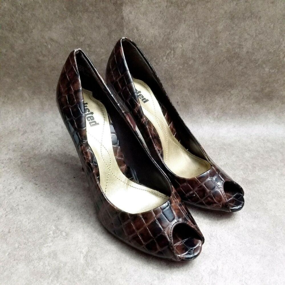 Unlisted Womens Stylish 76154 Size 6 Brown Peep Toe Croc Pattern 3.5" Heels Pump